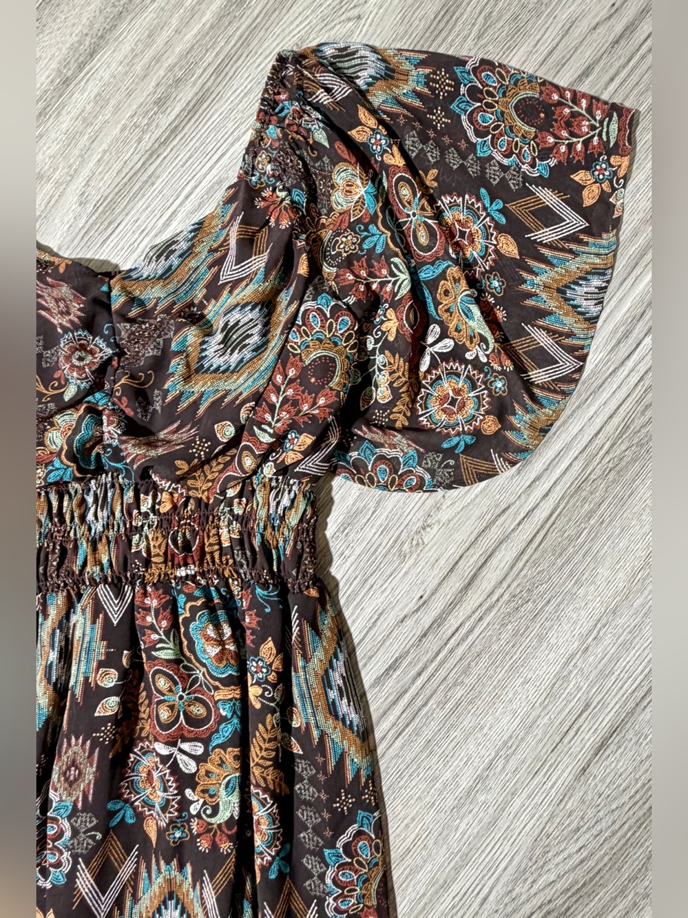 Shyanne Brown Floral Boho Mini Dress with Teal & Rust Accents - Picture 3 of 9